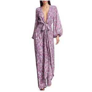 ALEXIS Shanice Lavender Floral Wrap Jumpsuit Sz XS Cutout Long Sleeve Wide Leg‎